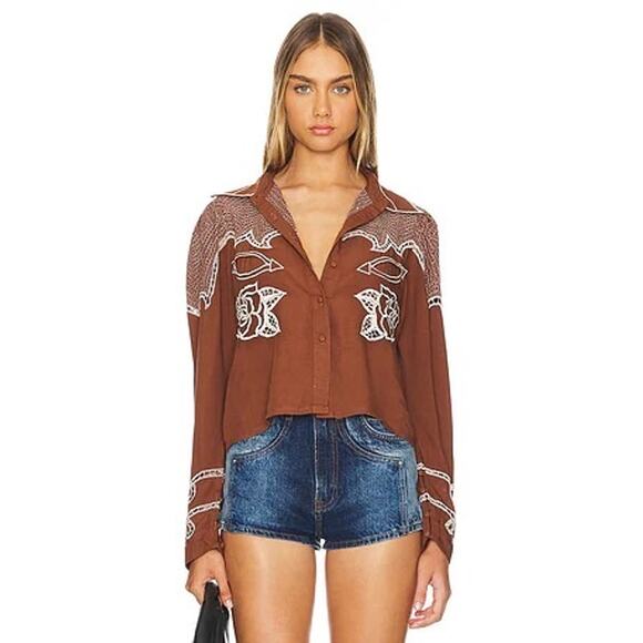 Jen’s Pirate Booty Western Rose Embroidered Blouse Brown Ivory NWOT Small - Picture 1 of 8